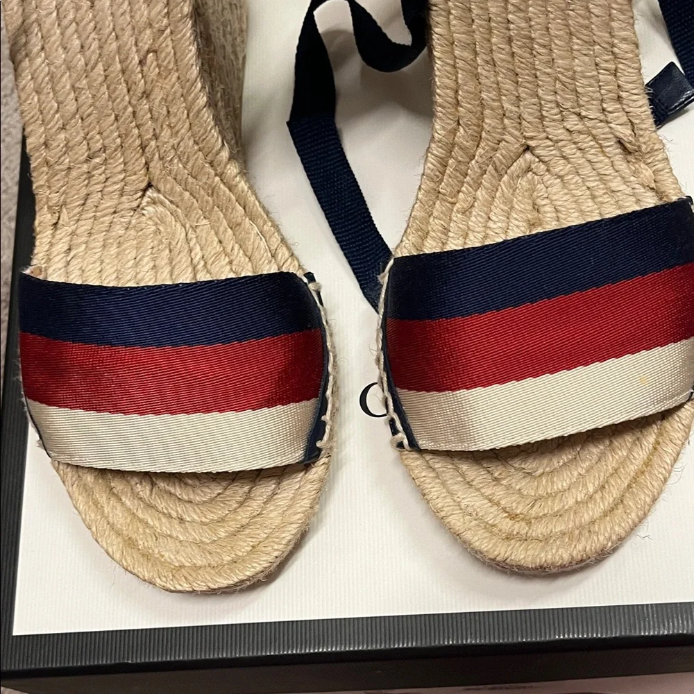 Gucci Navy, Red & Cream Espadrille Wedge Sandals with Ankle Ties - Picture 2 of 10